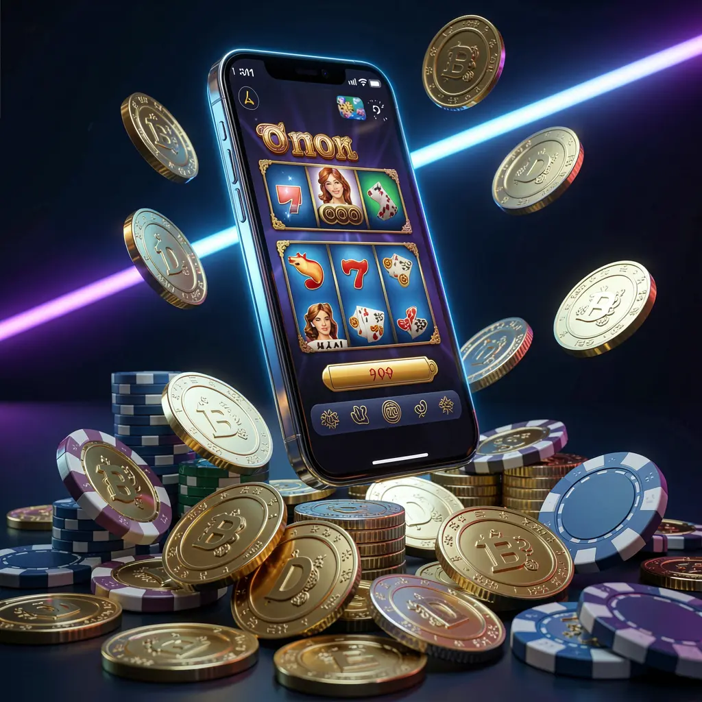 333M online casino app promotion banner showing a phone floating above golden coins and poker chips with a dark blue and black background and cinematic neon glow in a realistic 3D render