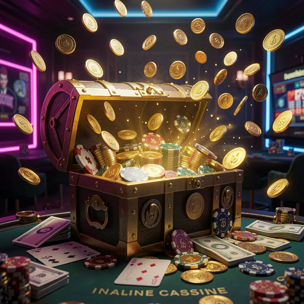 A premium 333M online casino bonus banner featuring golden coins flying in the air and a glowing treasure chest filled with chips and cash against a luxury dark background with neon accents, creating an elegant and festive casino atmosphere with cinematic 3D realistic lighting.