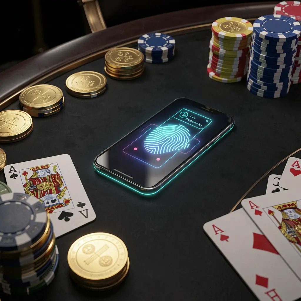 333M online casino authentication concept showing a phone with fingerprint scan glow on a premium black table surrounded by poker chips, golden coins, and playing cards in a cinematic 3D render