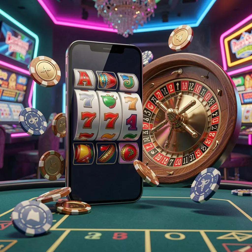 333M casino entertainment homepage concept featuring a modern mobile phone surrounded by slot symbols, a roulette wheel, chips, and coins floating against a neon casino background in a premium 3D render